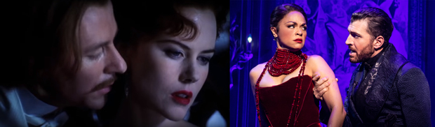 Richard Roxburgh as the Duke of Monroth with Nicole Kidman in the 2001 film Moulin Rouge!, and Tam Mutu as the Duke with Karen Olivo in Moulin Rouge! The Musical.