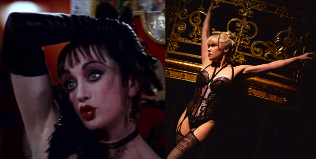 Caroline O&#39;Connor as Nini in the 2001 film Moulin Rouge!, and Robyn Hurder as Nini in Moulin Rouge! The Musical.