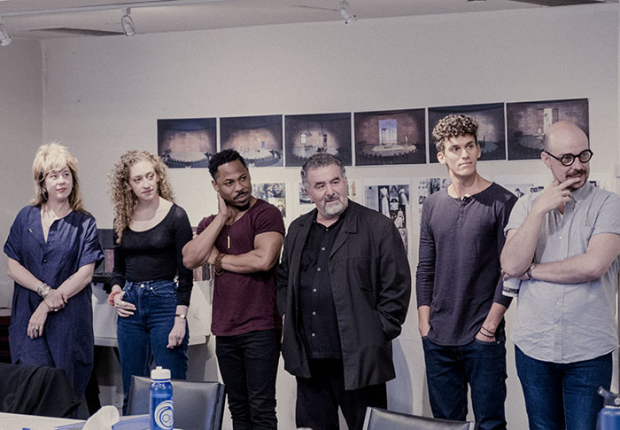 Sarah Laux, Micaela Diamond, Ro Boddie, Saul Rubinek, Sam Vartholomeos, and Jacob A. Climer at the first rehearsal for the world premiere of Ethan Coen&#39;s A Play Is a Poem, directed by Neil Pepe, at Center Theatre Group/Mark Taper Forum.