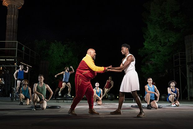 James Monroe Iglehart (Phil), Jelani Alladin (Hercules), and the troupe 10 Hairy Legs.