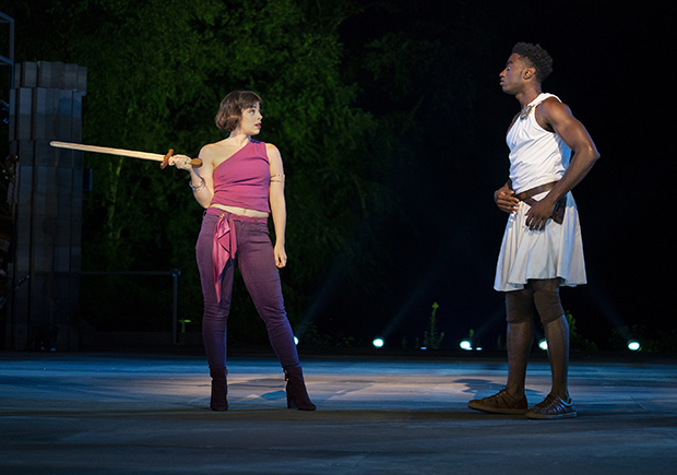 Krysta Rodriguez as Meg and Jelani Alladin as Hercules in Hercules at the Delacorte Theater.