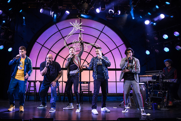 Chris Sullivan, James Monroe Iglahert, Andrew Bancroft, Anthony Veneziale, and Utkarsh Ambudkar in Freestyle Love Supreme at the Greenwich House Theater.