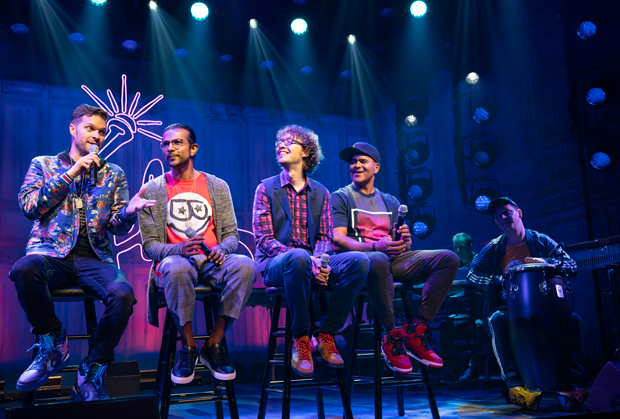 Andrew Bancroft, Utkarsh Ambudkar, Arthur Lewis, special guest Christopher Jackson, Ian Weinberger, and Chris Sullivan in Freestyle Love Supreme on Broadway.