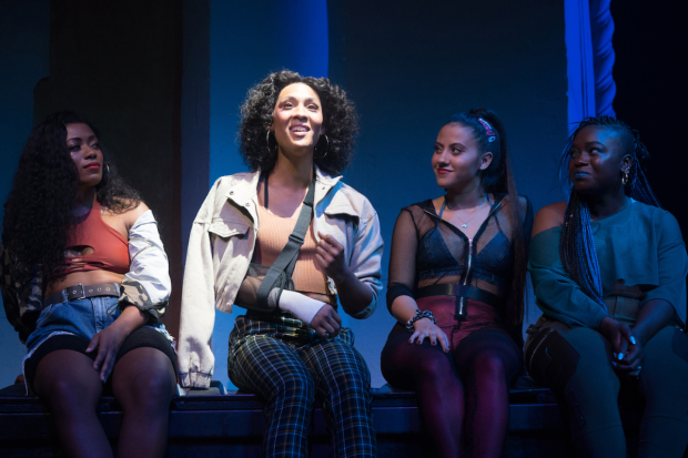 Brittany Campbell, Mj Rodriguez, Cheyenne Isabel Wells, and Tickwanya Jones in a scene from Little Shop of Horrors. 