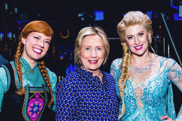 Patti Murin, Hillary Clinton, and Caissie Levy following a performance of Broadway&#39;s Frozen.
