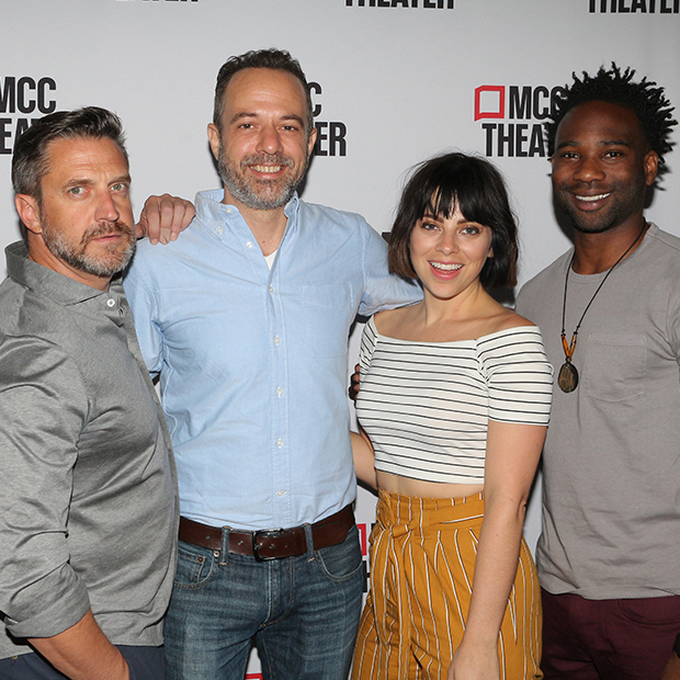The cast of Seared: Raúl Esparza, David Mason, Krysta Rodriguez, and W. Tré Davis.