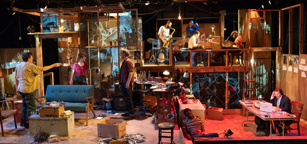The cast inhabiting Troy Hourie&#39;s set of (A)loft Modulation, which runs through October 26 at A.R.T./New York Theatres.