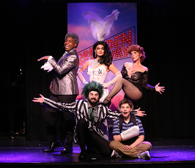 Clockwise: Immanuel Houston (standing), Aline Mayagoitia, Jenny Lee Stern, Joshua Turchin, and Chris Collins-Pisano star in Forbidden Broadway: The Next Generation, written and directed by Gerard Alessandrini, at the Triad.