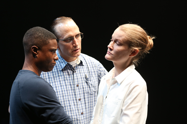 TL Thompson, Peter Simpson, and Emily Davis star in Is This a Room at the Vineyard Theatre.