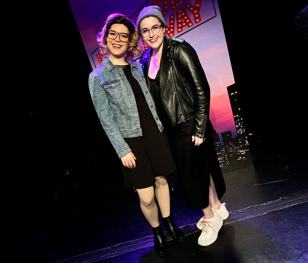 Katheryne Penny, left, spoofs the character Caitlin Kinnunen, right, played in The Prom in Forbidden Broadway: The Next Generation.