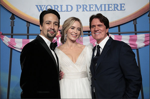 Lin-Manuel Miranda, Emily Blunt, and director Rob Marshall celebrate the world premiere of Mary Poppins Returns. Miranda and Marshall are both working on a remake of The Little Mermaid.