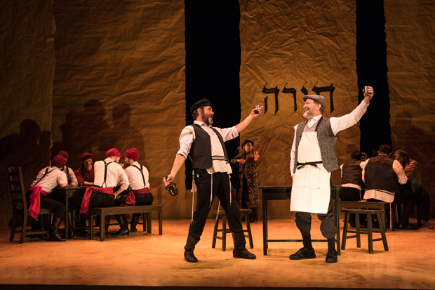 Steven Skybell, Bruce Sabath, and the company of Fiddler on the Roof in Yiddish. 