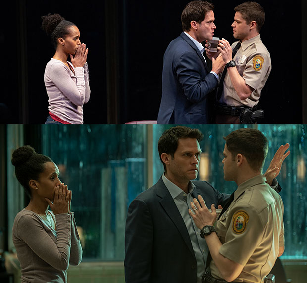 Kerry Washington, Steven Pasquale, and Jeremy Jordan appear in the 2018 Broadway production of American Son. Below: They reprise those roles for Netflix.