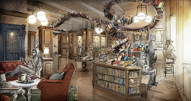 A rendering of the Drama Book Shop interior, designed by David Korins.