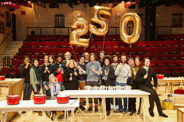 The Broadway cast of Oklahoma! celebrating 250 performances at Circle in the Square Theatre.