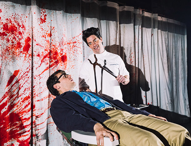 Christian Borle as the Dentist in Little Shop of Horrors, along with Jonathan Groff as Seymour.