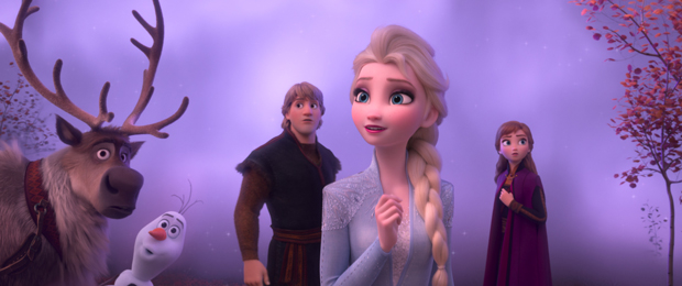Elsa, Anna, Olaf, and Kristoff and his companion Sven venture beyond the gates of Arendelle in Frozen II.
