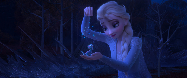 Elsa meets a new salamander friend in the enchanted forest in Frozen II.