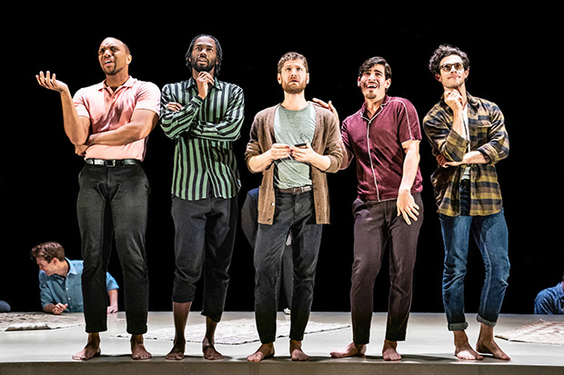 Jordan Barbour, Darryl Gene Daughtry Jr., Kyle Soller, Arturo Luís Soria, and Kyle Harris appear in Matthew Lopez&#39;s The Inheritance, directed by Stephen Daldry, at Broadway&#39;s ethel Barrymore Theatre.