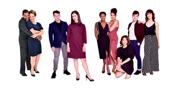 Robert Flower, Alice Ripley, Evan Ruggiero, Liz Flemming, Christina Sajous, Gabrielle McClinton, Sy Chounchaisit, Jorge Donoso, and Marisa Kirby in a promotional photo for Baby.