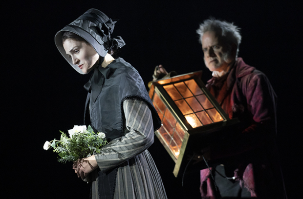 Sarah Hunt as Belle and Campbell Scott as Ebenezer Scrooge in A Christmas Carol at the Lyceum Theatre.
