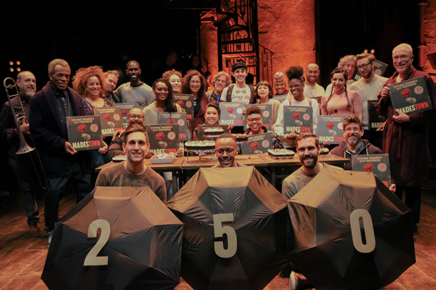 The cast and crew of Hadestown celebrate 250 performances at the Walter Kerr Theatre.