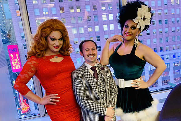 Jinkx Monsoon and BenDeLaCreme meet with your reporter (center) at TheaterMania&#39;s Times Square office.