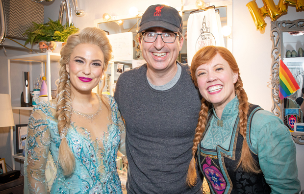 Alyssa Fox and Patti Murin met with John Oliver after a recent performance of Frozen on Broadway.