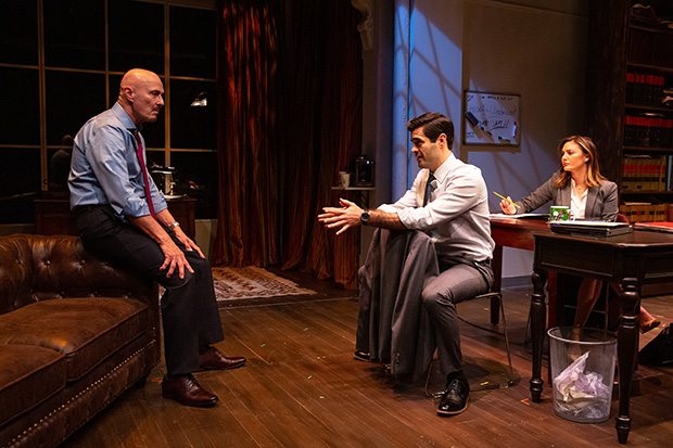 Dep Kirkland, Alan Trinca, and Christine Evangelista star in Kirkland&#39;s MsTrial, directed by Rick Andosca, at New World Stages.