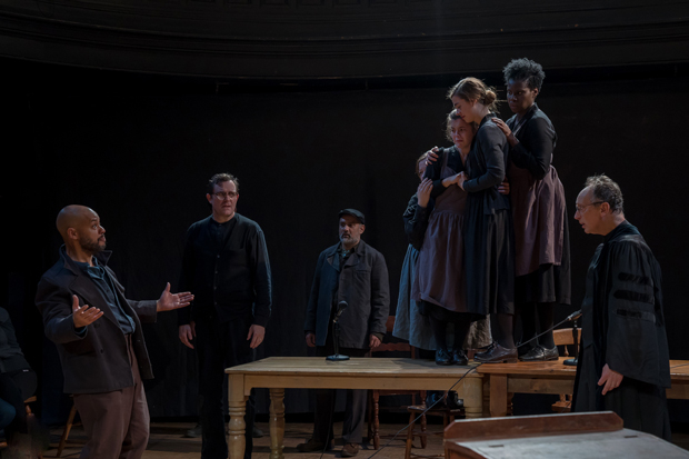 Ryan Quinn, Eric Tucker, and the cast of Bedlam&#39;s The Crucible, running through December 29 at the Connelly Theater.