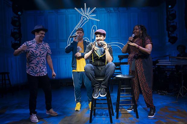 Anthony Veneziale, Chris Sullivan, Lin-Manuel Miranda, and Aneesa Folds, appear in Freestyle Love Supreme on Broadway.