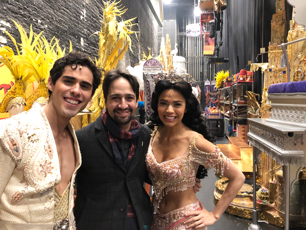 Lin-Manuel Miranda with Aladdin cast members Jacob Gutierrez and Arielle Jacobs.
