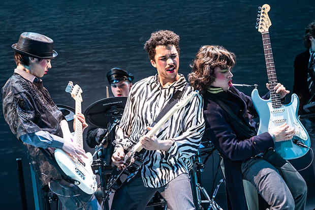 Sam Poon, Anthony Genovesi, Jakeim Hart, and Gian Perez in Sing Street at New York Theatre Workshop.