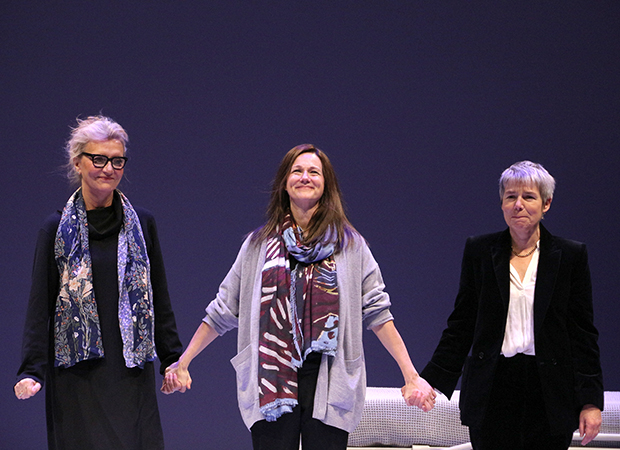 Elizabeth Strout, Laura Linney, and playwright Rona Munro on stage after My Name is Lucy Barton.