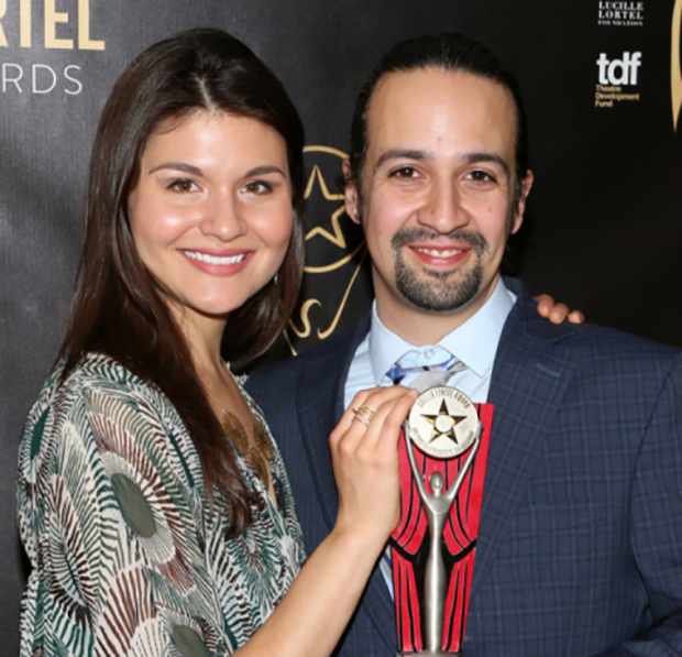 Phillipa Soo and Lin-Manuel Miranda with a Lucille Lortel Award for Hamilton.