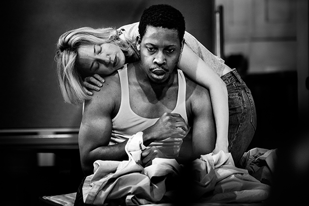 Carrie Coon and Namir Smallwood in rehearsal for the Steppenwolf production of Bug.