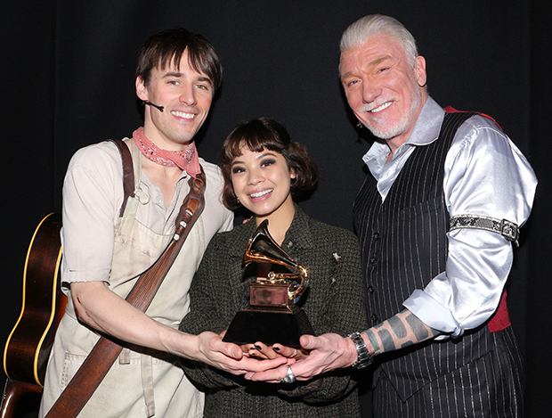 Reeve Carney, Eva Noblezada, and Patrick Page with a newly won Grammy.
