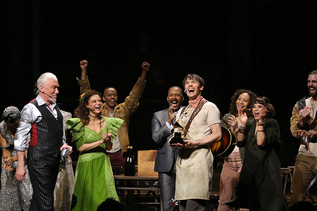 An onstage photo op with Hadestown Grammy winners Patrick Page, Amber Gray, Reeve Carney, and Eva Noblezada.