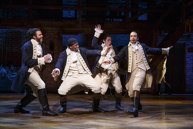 Daveed Diggs, Okieriete Onaodowan, Anthony Ramos, and Lin-Manuel Miranda in the original Broadway cast of Hamilton.