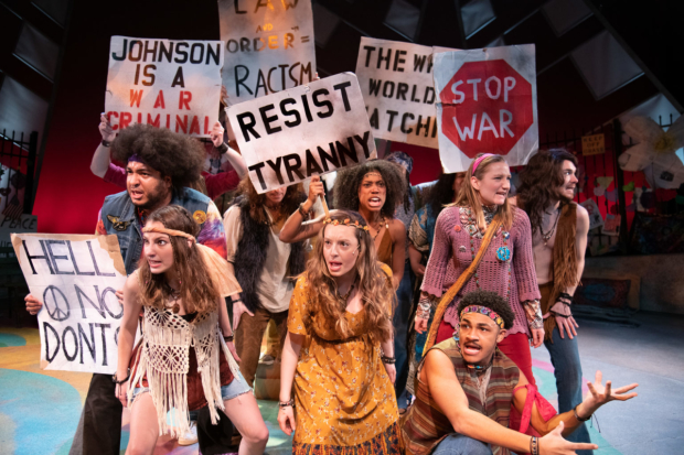 The cast of Hair, directed and choreographed by Rachel Bertone, at the New Repertory Theatre in Boston.