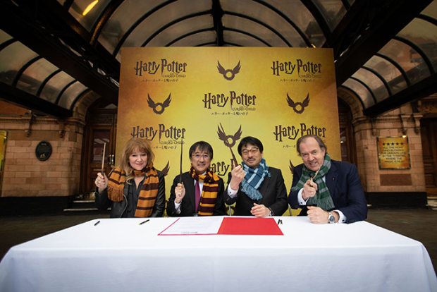 Producers Sonia Friedman, Yoshitaka Hori, Takashi Sasaki, and Mark Cornell celebrate the announcement of the Japanese production of Harry Potter and the Cursed Child.