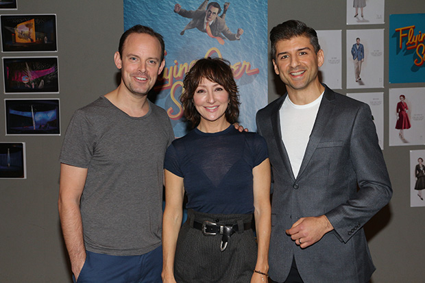 Harry Hadden-Paton, Carmen Cusack, and Tony Yazbeck play Aldous Huxley, Clare Boothe Luce, and Cary Grant.