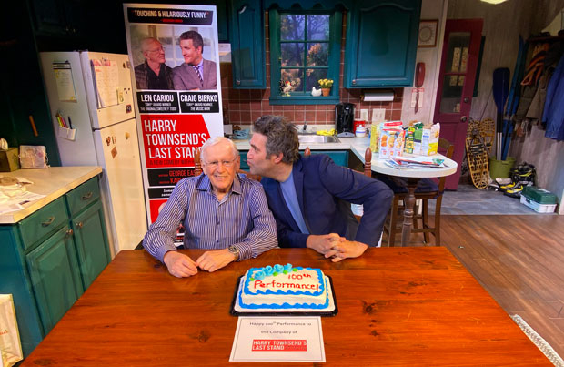 Craig Bierko kisses Len Cariou after the 100th performance of Harry Townsend&#39;s Last Stand.