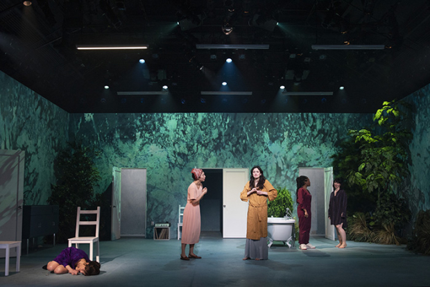 Carla Gugino (Carol), Jo Mei (Lola), Celeste Arias (Anna), Gabby Beans (Bonnie), and Miriam Silverman (Esther) in a scene from Anatomy of a Suicide, running through March 15.