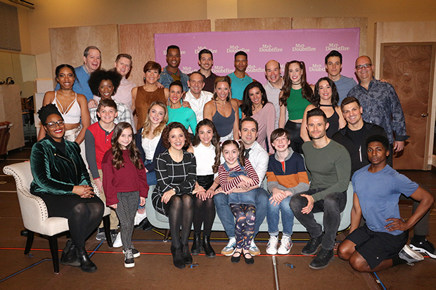 The full company of Mrs. Doubtfire, which begins performances on April 5 at the Stephen Sondheim Theatre.