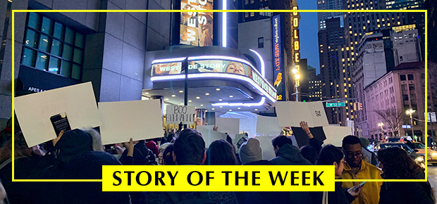Protesters congregate outside the Broadway Theatre on the opening night of West Side Story.