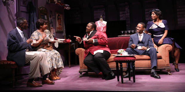 Sheldon Woodley, Jasminn Johnson, John-Andrew Morrison, Khiry Walker, and Alfie Fuller in a scene from Keen Company's New York premiere of Pearl Cleage's Blues for an Alabama Sky, directed by L.A. Williams, at Theatre Row.