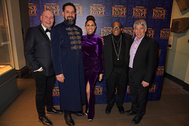 Adam Pearce, Joe Dixon, Debbie Kurup, choreographer Sean Cheesman, and composer Stephen Schwartz attend the gala night after party for .The Prince of Egypt