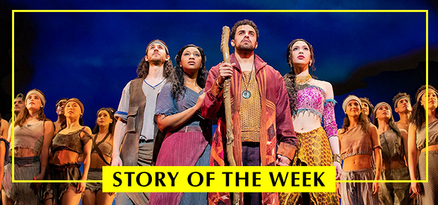 Luke Brady (center, with staff) leads the cast of The Prince of Egypt through the wilderness at London&#39;s Dominion Theatre.