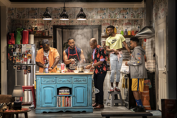 Nicco Annan, Toussaint Jeanlouis, Korey Jackson, Sheldon Best, and Cecil Blutcher star in Katori Hall&#39;s The Hot Wing King, directed by Steve H. Broadnax III, at Signature Theatre.